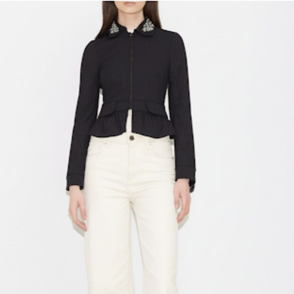 INC Black Jewel Embellished Collar Peplum Zip Front Jacket Size Small